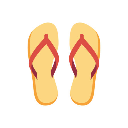 Summer flip flops shoes sandals accessory feet wearing travel vacation 80s retro icon vector flat illustration. Rubber footwear pair fashion footgear for summertime relaxing leisure activity top viewのイラスト素材