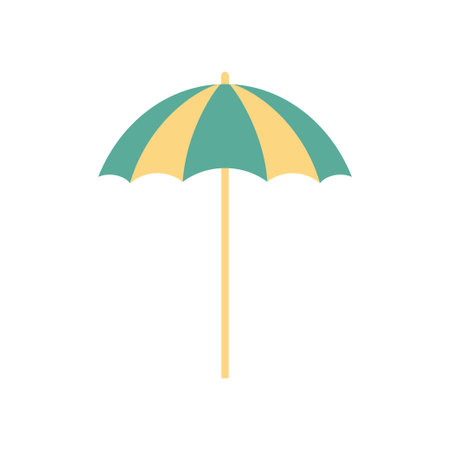 Beach umbrella summer travel vacation sunshade striped accessory 80s retro icon vector flat illustration. Parasol for sunbathing sun protection sea resort tourism paradise coast relaxation logoのイラスト素材
