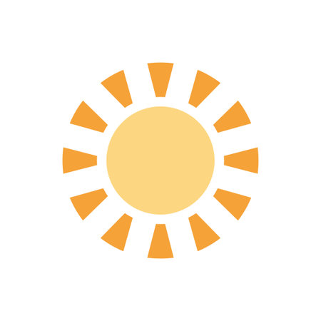 Yellow bright summer sun with light beams heat sunshine sunlight warm weather 80s retro icon vector flat illustration. Hot sunny solar sunbeam natural rays temperature season paradise travel vacationのイラスト素材