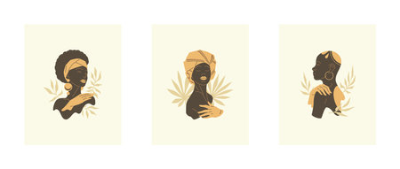 Fashion African woman abstract bust lush tropical leaves branch poster set vector flat illustration. Beauty Afro boho black female portrait with ethnic accessories and headdress wall art t shirt printのイラスト素材