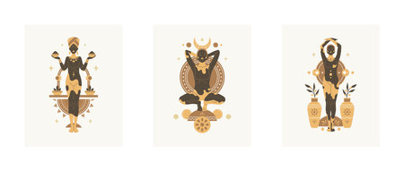 Magic African woman goddess spiritual esoteric harmony balance ritual poster set vector flat illustration. Mythology Afro female ethnic boho celestial half moon sun lush plant in vase pot wall artのイラスト素材