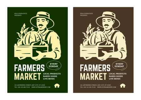 Farmers market local organic food healthy event fair announce vintage poster set isometric vector illustration. Male farmer with crate full of fresh vegetables and fruits ecology product sell placardのイラスト素材
