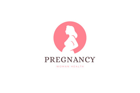 Pregnant woman silhouette pink minimal logo design template for childbirth health clinic vector illustration. Pregnancy female profile tummy emblem for maternity healthcare fitness studio hospitalのイラスト素材