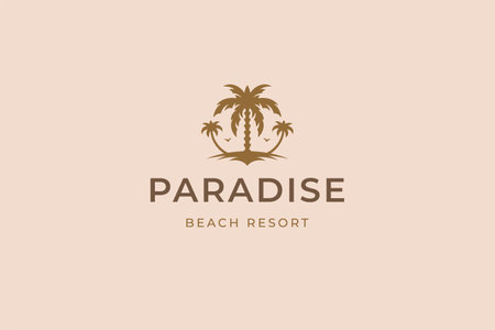 Paradise beach resort palm tree tropical island summer travel vacation logo design template vector illustration. Exotic journey tour tourism agency sea ocean landscape silhouette brand emblemのイラスト素材