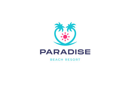 Paradise beach resort island palm tree sun summer travel vacation tour agency minimal logo design template vector illustration. Seaside coast sea ocean tour tourism holiday service tropical emblemのイラスト素材