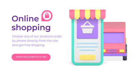 Online shopping order purchase delivery mobile application web promo 3d banner realistic vector illustration. Internet store shop purchasing courier shipping cyberspace buying goods landing pageのイラスト素材