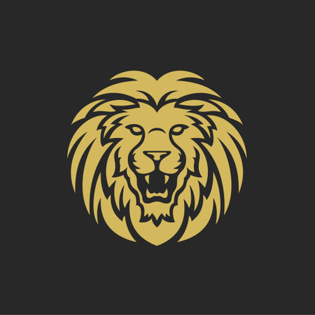 Golden roaring lion with mane premium minimal logo for zoo hunting vector flat illustrationのイラスト素材