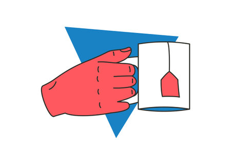 Human hand holding mug with tea bag concept of relaxing break on triangle background icon vector flat illustration. Cartoon arm fingers gesturing cup of hot beverage colorful hand drawn outline designのイラスト素材