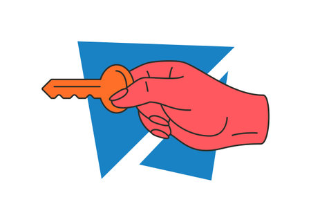 Woman hand holding golden key access door open concept of solution idea icon vector flatのイラスト素材