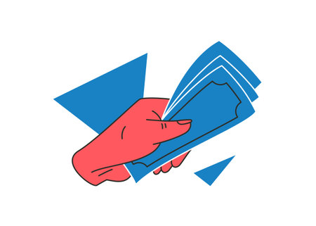 Woman hand holding cash money currency banknote pack concept of financial payment icon vector flat illustration. Human arm giving finance paying shopping business deal commercial retail charityのイラスト素材