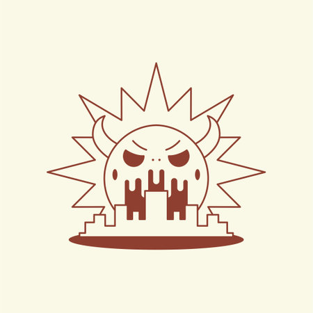 Angry devil sun city landscape cartoon character comic mascot retro 30s animation style line art icon vector illustration. Funny sunset sunrise cityscape megapolis building minimal monochrome emoticonのイラスト素材