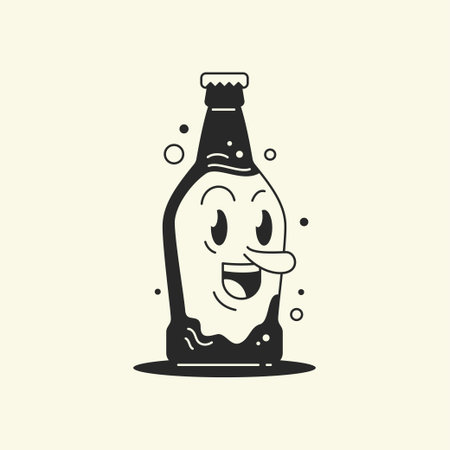 Funny carbonated drink glass bottle face cartoon character comic mascot retro 30s animation style line art icon vector illustration. Cute fizzy refreshing beverage soda juice beer with bubbles mascotのイラスト素材