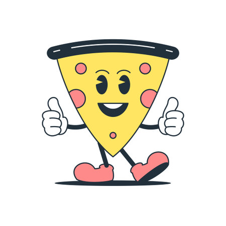 Cheerful pizza triangle piece cartoon character showing cool comic retro 30s animation style icon vector flat illustration. Cute fast food delicious snack meal with thumbs up gesture funny mascotのイラスト素材