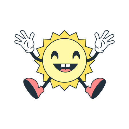 Happy bright sun jumping greeting cartoon character comic mascot retro 30s animation style icon vector flat illustration. Cute cheerful summer sunny emoticon positive welcome emotion outline logoのイラスト素材