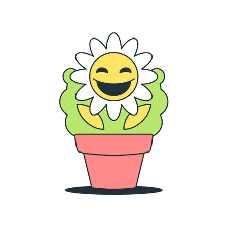 Funny flower in pot laughing positive cartoon character comic mascot retro 30s animation style icon vector flat illustration. Cute chamomile smile potted plant houseplant cheerful emoticon logoのイラスト素材