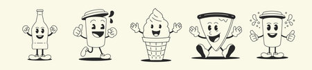 Cute bottle coffee ice cream pizza funny cartoon character comic mascot set retro 30s animation style line art icon vector illustration. Smile food drink positive monochrome hand drawn emoticonのイラスト素材