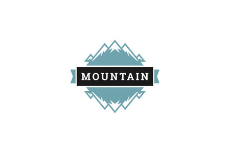 Mountain mirror reflection effect retro logo design template camping exploration extreme lifestyle vector flat illustration. Cliff rock sharp summit summer tourism wanderlust hiking travel vacationのイラスト素材
