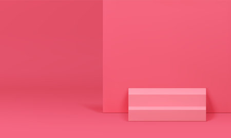 Pink 3d stairs podium elegant showcase with pastel wall backdrop for feminine product presentation vector illustration. Realistic staircase pedestal steps mock up for cosmetic show studio interiorのイラスト素材