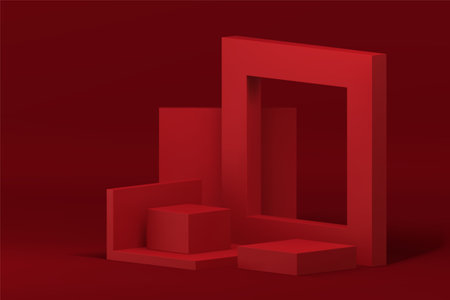 3d red geometric pedestal promo showcase podium for product show presentation realistic vector illustration. Fashion squared display with frame wall background advertising stage commercial standのイラスト素材