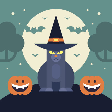 Halloween kids greeting card with cute black cat and pumpkin moon background vector flat illustration. Autumn traditional creepy holiday social media post with flying bat scary trees childish designのイラスト素材