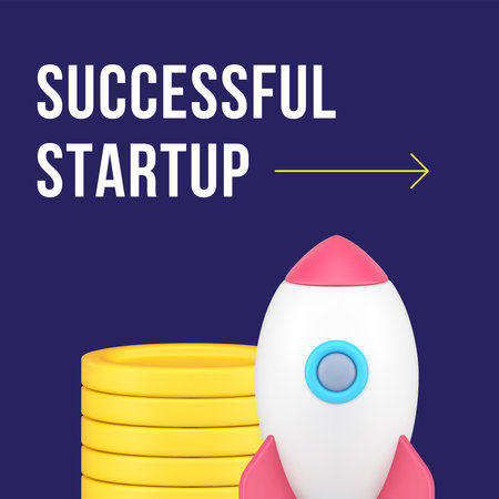Successful startup business innovation idea social media post design template 3d realistic vector illustration. Launching rocket with coin money project management idea planning strategy developmentのイラスト素材