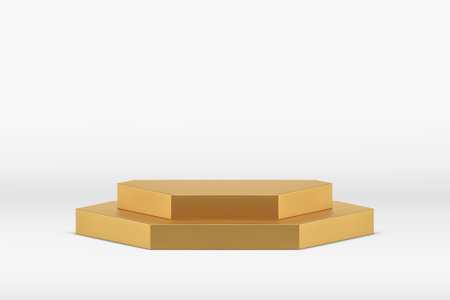 Golden 3d step podium pedestal luxury showcase stand for premium product show realistic vector illustration. Metallic hexagonal advertising display empty platform white commercial studio backgroundのイラスト素材