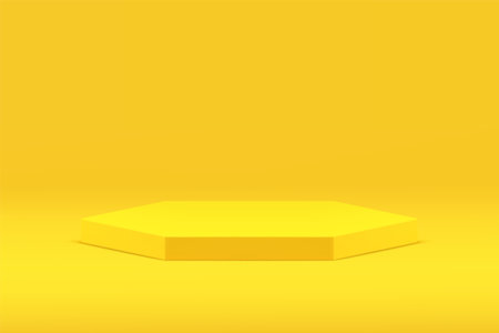 Yellow 3d hexagonal podium platform pedestal for product commercial presentation realistic vector illustration. Empty geometric showcase fashion display advertising studio background interiorのイラスト素材