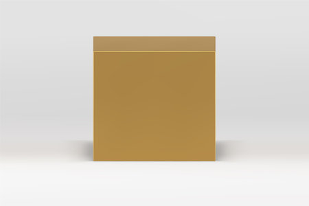 Golden 3d cube luxury podium pedestal for premium product commercial presentation show vector illustration. Realistic squared display elegant geometric wall background for shopping sale promoのイラスト素材