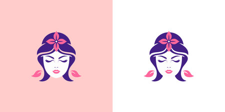 Elegant woman with flower blossom beauty portrait minimalist aesthetic icon set vector flatのイラスト素材