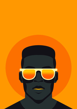 African American man in sunglasses portrait abstract orange yellow sun poster vector flatのイラスト素材