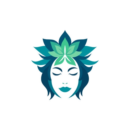 Beauty woman face with green flower crown botanical goddess icon vector flat illustrationのイラスト素材