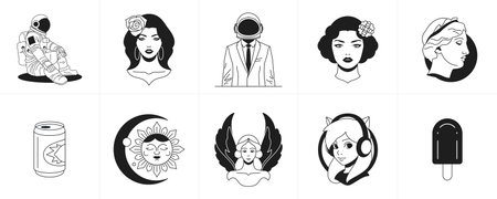 Trendy surreal monochrome line cartoon characters groovy icon set vector illustration. Retro psychedelic stickers astronaut vintage woman sculpture soda can sun angel goddess music ice creamのイラスト素材