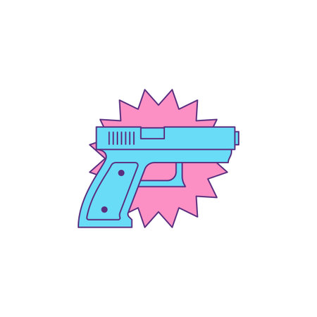 Y2k comic gun with shot cloud funky weapon trendy groovy style icon vector flat illustration. Shooting handgun pop art cartoon element contoured minimal sticker for t shirt print isolatedのイラスト素材