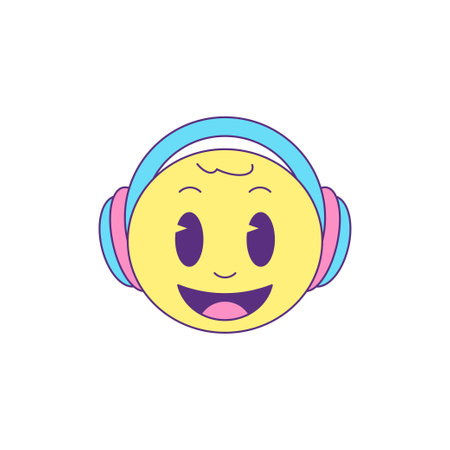 Y2k smiley emoticon in headphones music trendy cartoon character groovy style icon vector flat illustration. Funny comic emoji DJ cyberspace gamer in earphones audio sound sticker t shirt printのイラスト素材