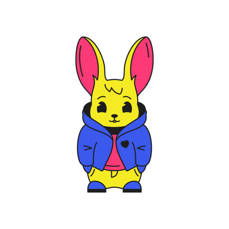 Y2k cute funny rabbit in jacket streetwear cartoon character groovy style icon vector flat illustration. Comic bunny hare with long ears trendy contemporary sticker for t shirt print isolatedのイラスト素材