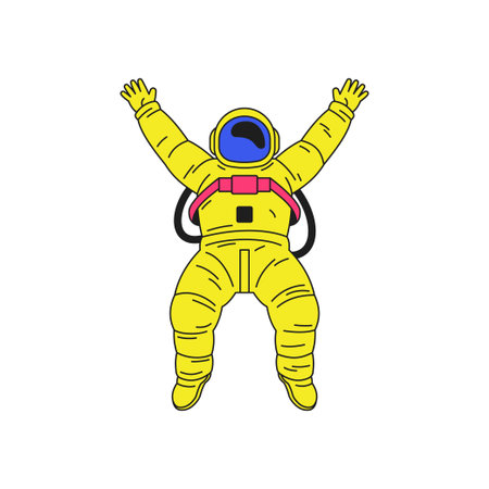 Y2k jumping astronaut in yellow spacesuit universe cosmos cartoon character groovy icon vector flat illustration. Flying cosmonaut in open space galaxy exploration trendy sticker for t shirt printのイラスト素材