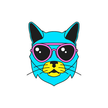 Y2k trendy psychedelic cat in sunglasses portrait cartoon character groovy icon vector flat illustration. Surreal fashion feline pet domestic animal in summer eyeglasses sticker for t shirt printのイラスト素材