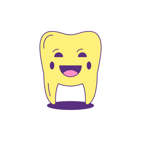 Y2k smiling tooth funny cartoon character comic emoji groovy style icon vector flat illustration. Cute positive teeth surreal dentistry element trendy sticker for t shirt print isolatedのイラスト素材