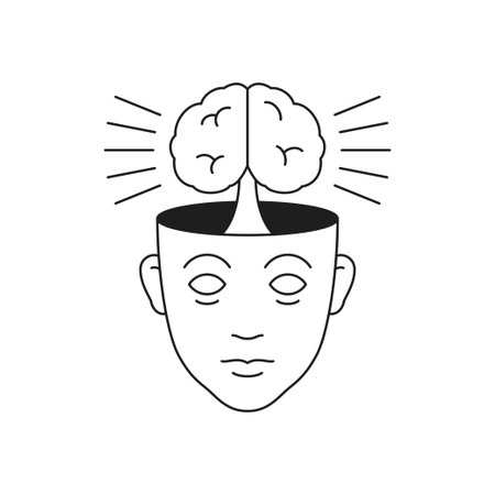 Y2k human head with brain innovation idea monochrome line groovy icon vector illustration. Psychedelic imagination fantasy smart brainstorming mental intelligence retro sticker for t shirt printのイラスト素材
