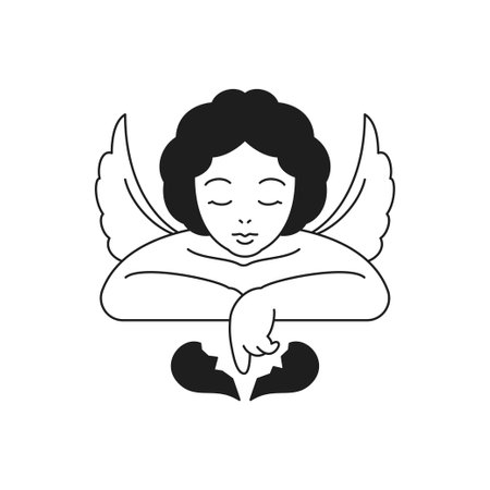 Y2k angel with broken heart lost love monochrome line groovy icon vector illustration. Cartoon amour character with cracked enamored symbol retro minimal trendy sticker for tattoo or t shirt printのイラスト素材