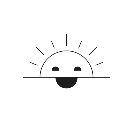 Y2k bright sun sunset sunrise with horizon monochrome line retro groovy icon vector illustration. Vintage sunny sunlight cartoon character comic minimal trendy sticker for t shirt printのイラスト素材