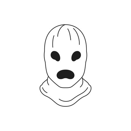 Y2k scary monster head in mask Halloween cartoon character monochrome line retro groovy icon vector illustration. Horror creature portrait evil zombie minimal trendy sticker for t shirt printのイラスト素材