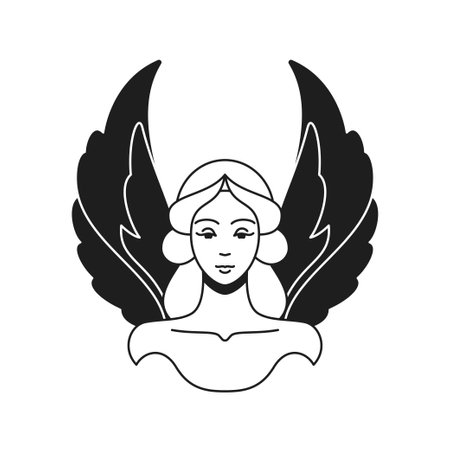 Y2k antique woman goddess with wings portrait surreal cartoon character monochrome line retro groovy icon vector illustration. Ancient beautiful winged female minimal sticker for t shirt printのイラスト素材