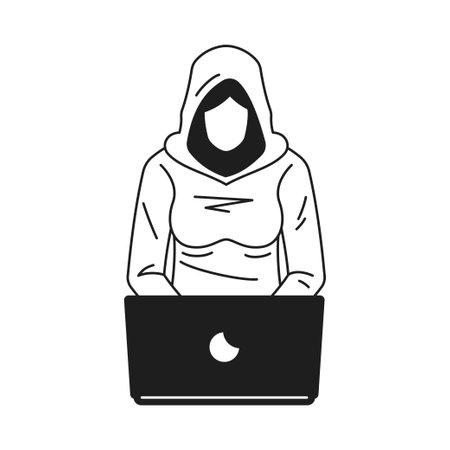 Y2k woman hacker cyber crime working laptop monochrome line retro groovy icon vector illustration. Female cyberspace gamer virtual gaming online internet computer minimal trendy stickerのイラスト素材