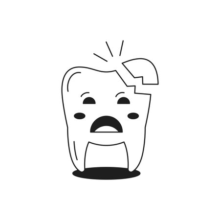 Y2k sad cracked tooth broken teeth comic monochrome line retro groovy icon vector illustration. Unhappy upset dentistry stomatology cartoon character minimal trendy sticker for simple t shirt printのイラスト素材