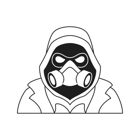 Y2k scary man cartoon character in hood and respirator mask Halloween monochrome line retro groovy icon vector illustration. Creepy horror creature with hide face minimal trendy stickerのイラスト素材