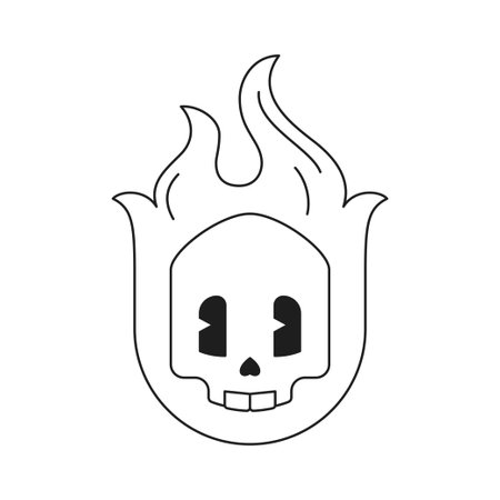 Y2k burning skull fire flame Halloween rock trendy cartoon element monochrome line retro groovy icon vector illustration. Skeleton head with flammable blaze minimal sticker simple t shirt printのイラスト素材
