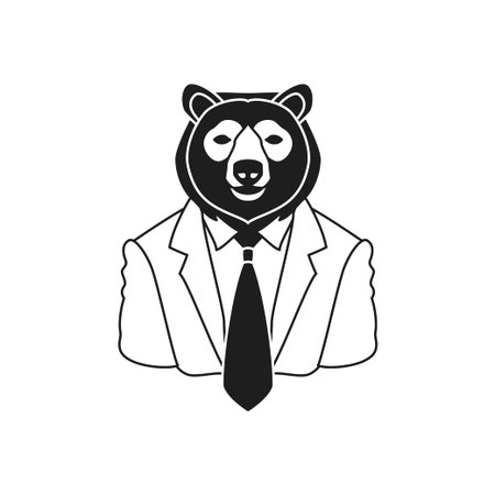 Y2k bear portrait in tie suit psychedelic comic businessman monochrome line retro groovy icon vector illustration. Man wild predator animal business person fashion minimal trendy sticker t shirt printのイラスト素材
