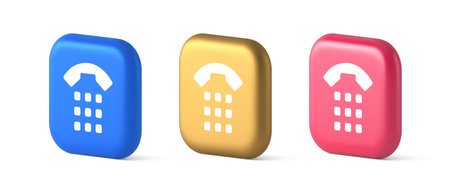Phone call button application handset mobile contact communication 3d realistic blue gold and pink icons. Retro telephone customer support service hotline helpline internet technologyのイラスト素材