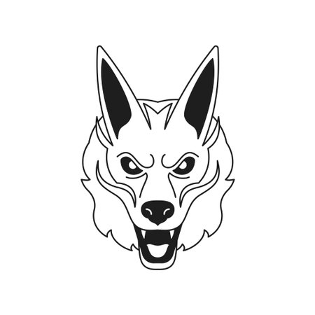 Y2k angry wolf beast Halloween horror monster head monochrome line retro groovy icon vector illustration. Aggressive canine coyote creepy wild animal portrait minimal sticker simple t shirt printのイラスト素材